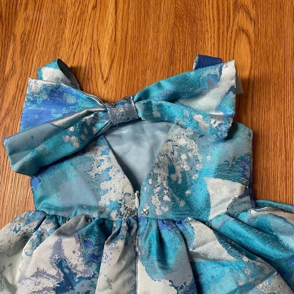 Halabaloo blue watercolor print dress back bow
